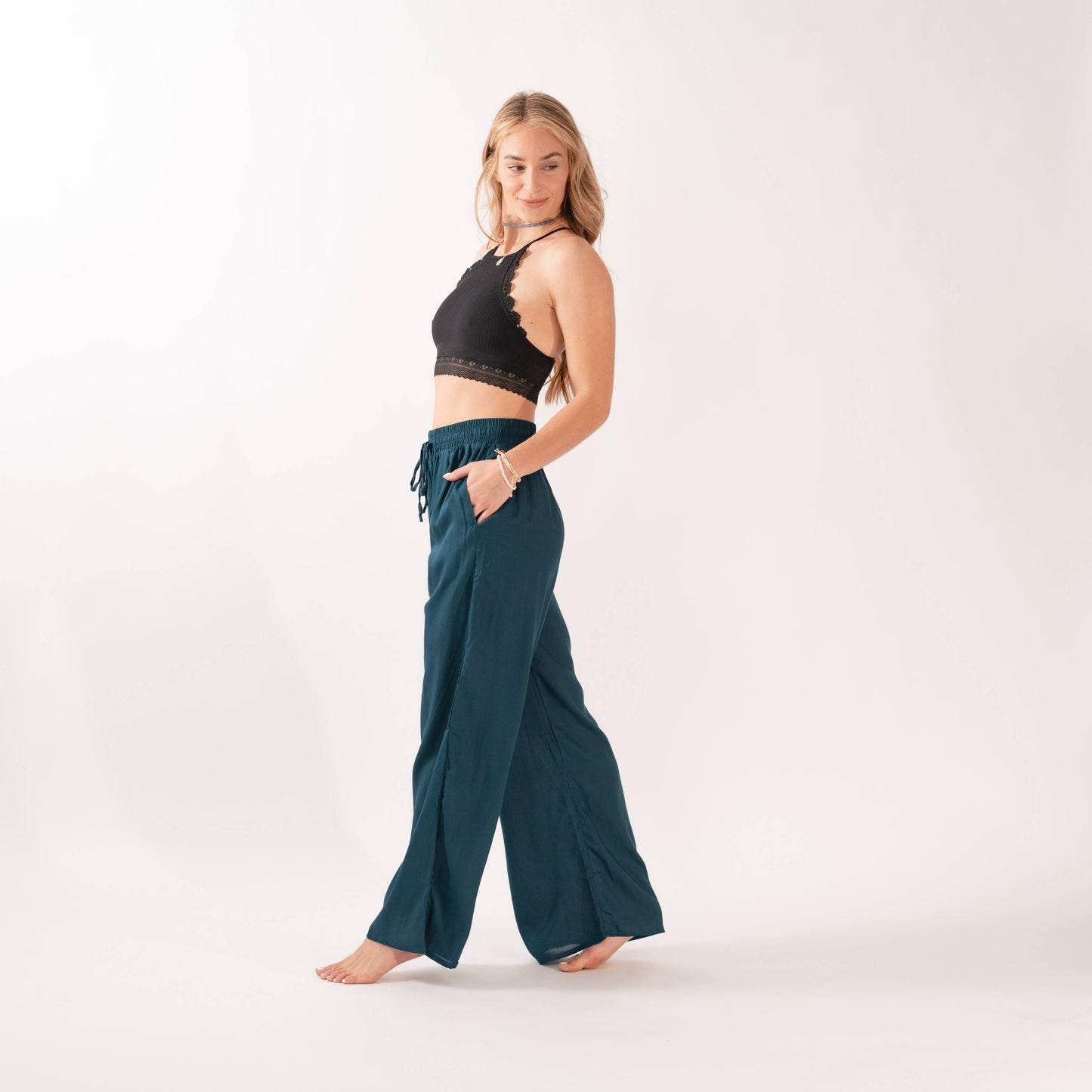 Deep Teal Wide Leg Drawstring Pants