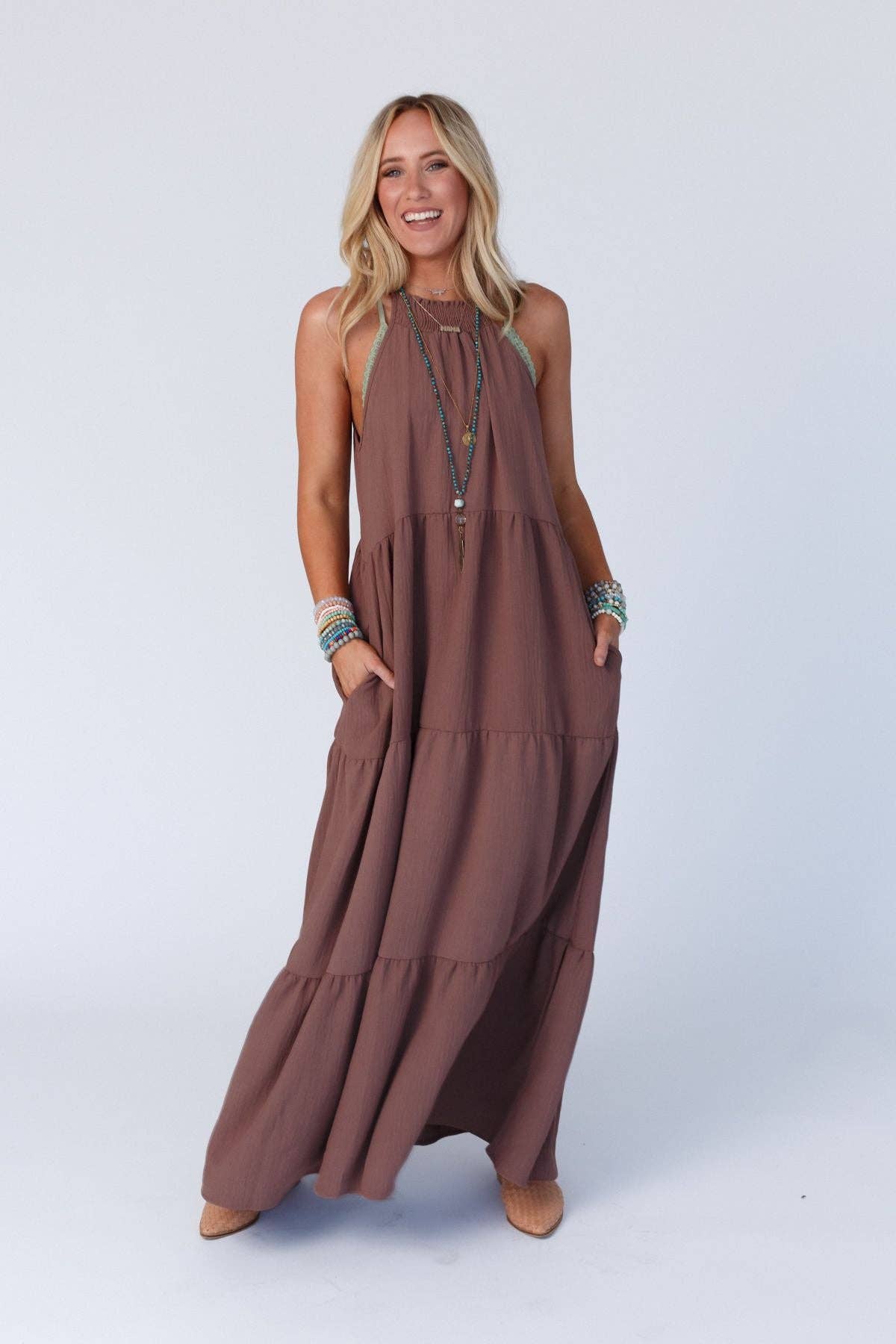 Scarlett Baby Waffle Tiered Maxi Dress - Mocha