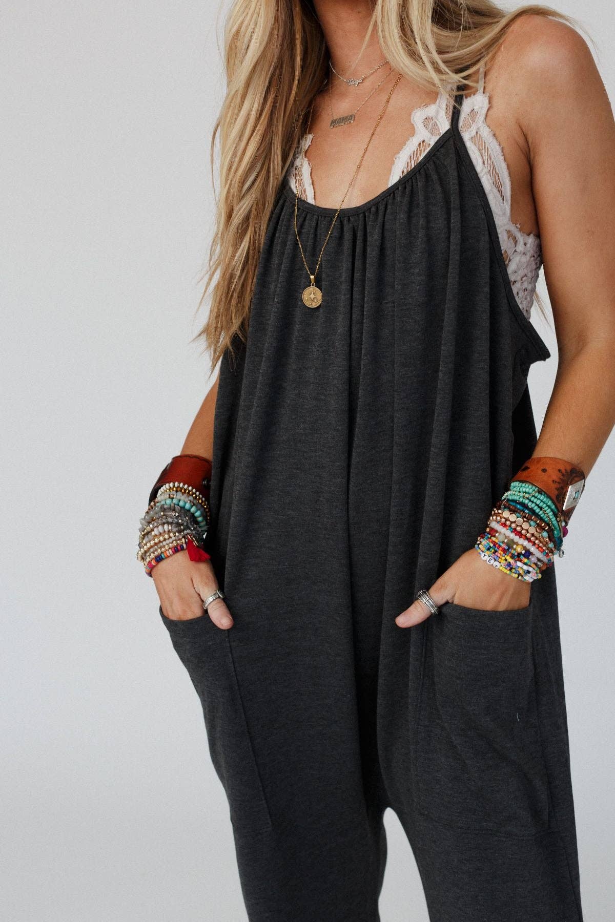 Comfort Zone Pocketed Jumpsuit - Charcoal