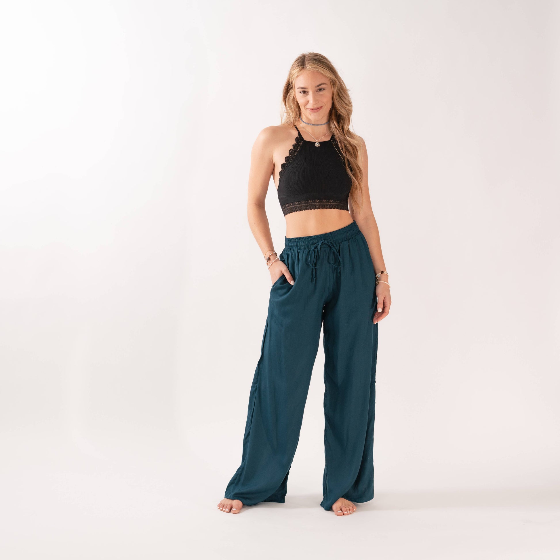 Deep Teal Wide Leg Drawstring Pants