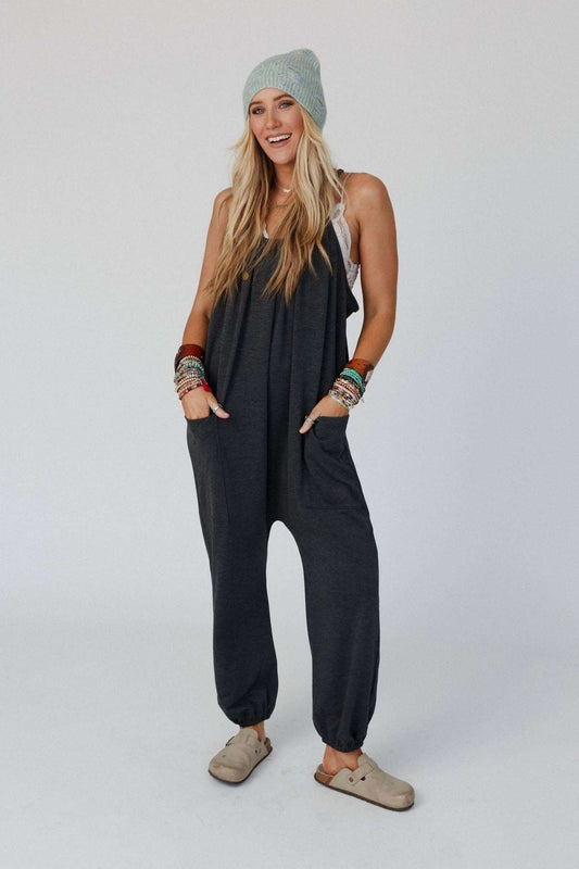 Comfort Zone Pocketed Jumpsuit - Charcoal