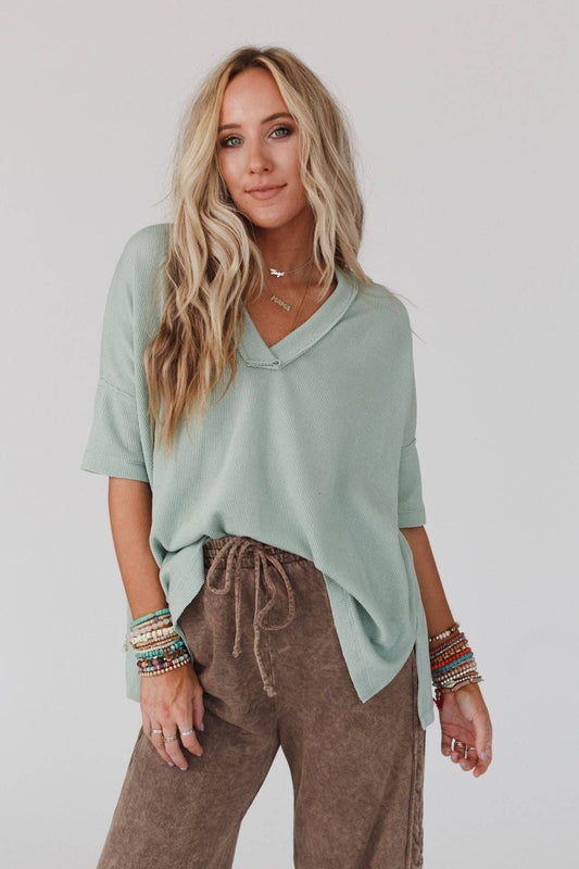 On The Go V Neck Ribbed Essential Tee - Sage